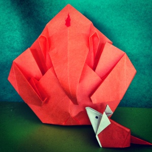 Origami Ganesha with his companion, origami mouse